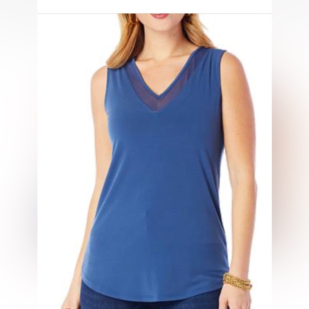 Navy Blue Sleeveless V-Neck Top with mesh trim